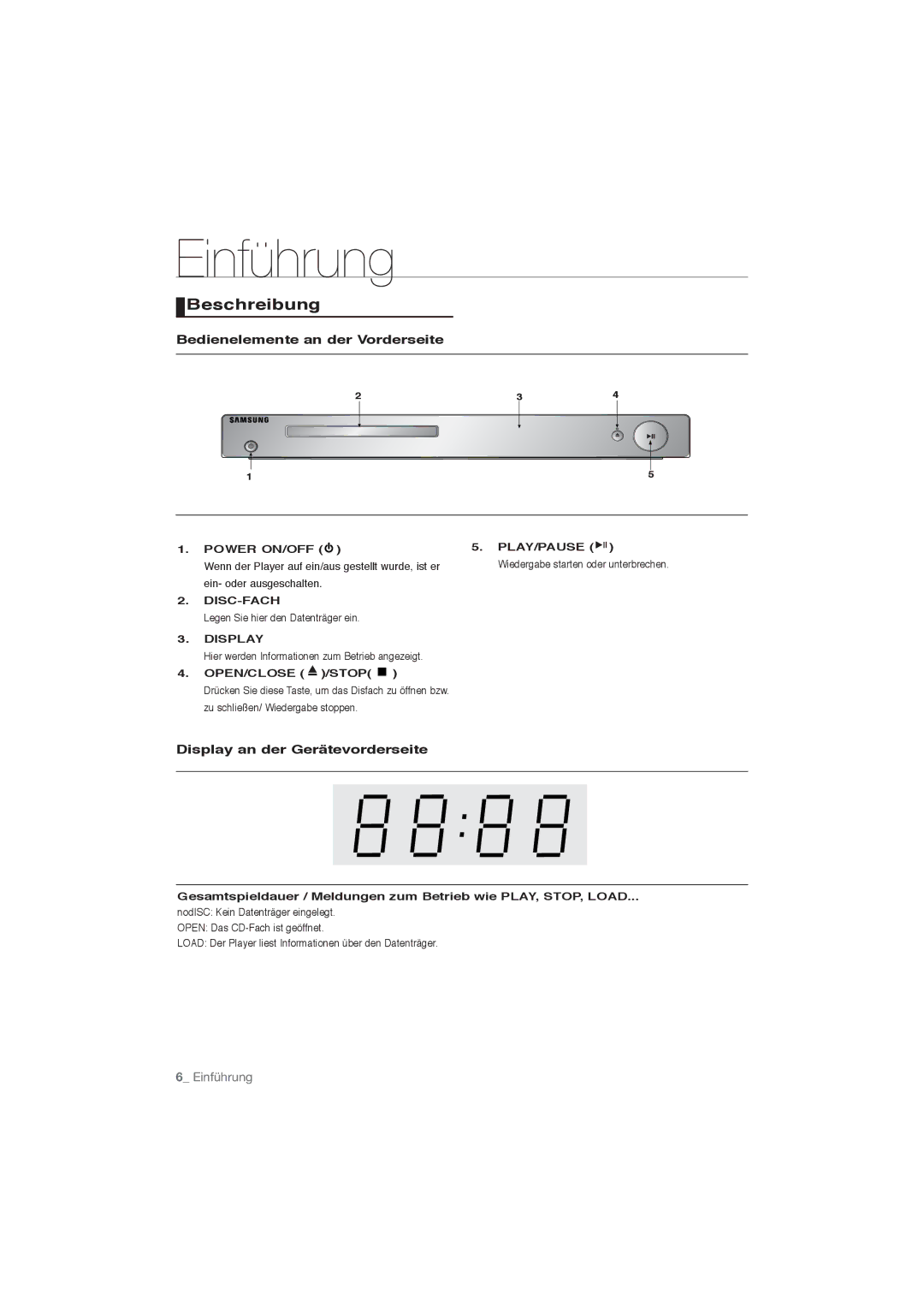 Samsung DVD-P191/EDC manual Beschreibung, Bedienelemente an der Vorderseite, Display an der Gerätevorderseite, Disc-Fach 