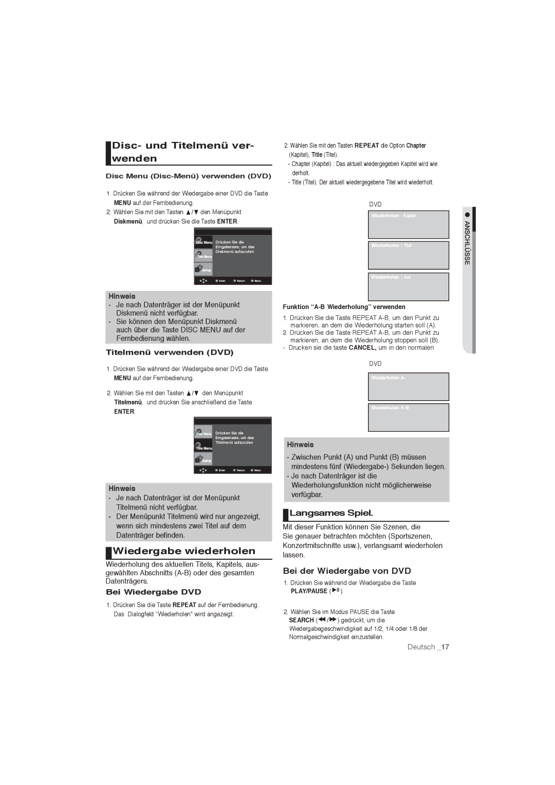 Samsung DVD-P191/XEL Disc- und Titelmenü ver- wenden, Wiedergabe wiederholen, Langsames Spiel, Bei der Wiedergabe von DVD 