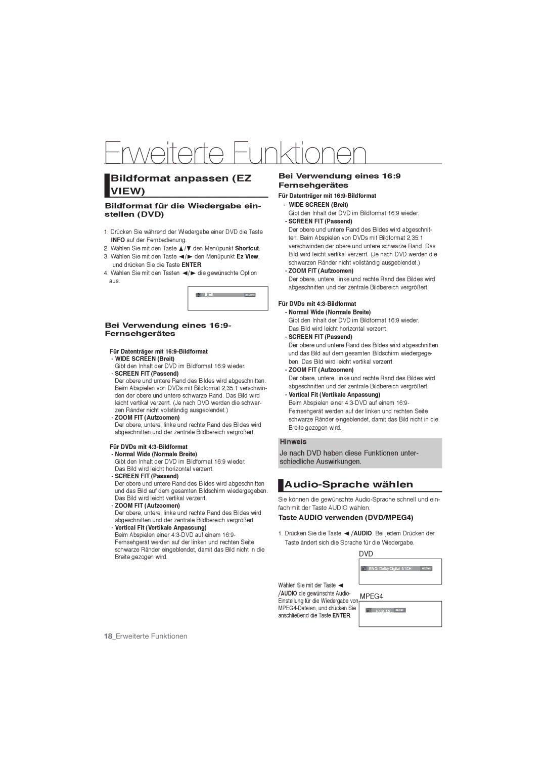 Samsung DVD-P191/EDC, DVD-P191/XEL manual Erweiterte Funktionen, Bildformat anpassen EZ View, Audio-Sprache wählen 