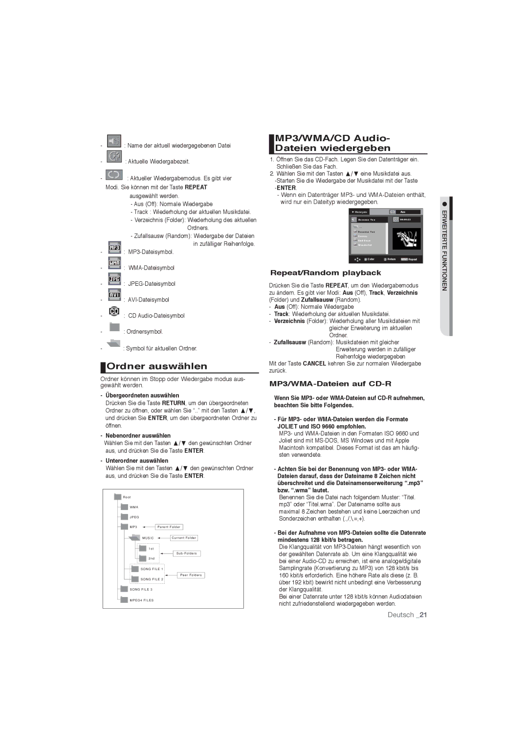 Samsung DVD-P191/XEL, DVD-P191/EDC manual Ordner auswählen, MP3/WMA/CD Audio Dateien wiedergeben, MP3/WMA-Dateien auf CD-R 