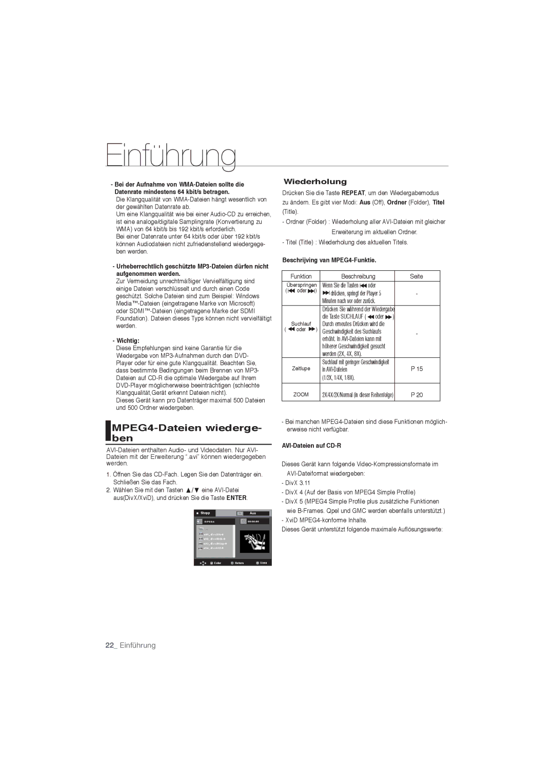 Samsung DVD-P191/EDC, DVD-P191/XEL manual MPEG4-Dateien wiederge- ben, Wiederholung, Wichtig, Beschrijving van MPEG4-Funktie 