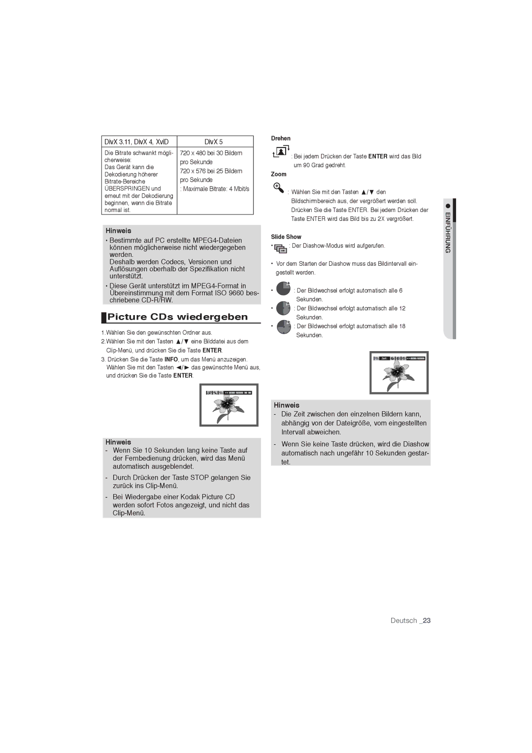 Samsung DVD-P191/XEL, DVD-P191/EDC manual Picture CDs wiedergeben, DivX, Drehen 