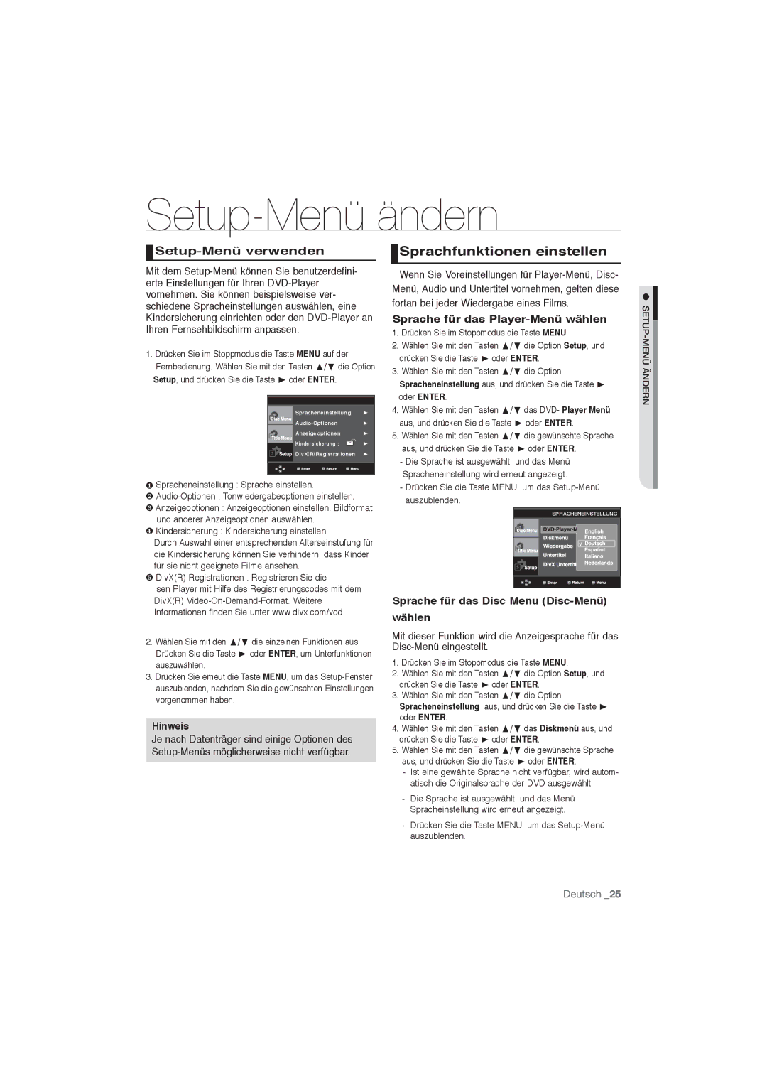 Samsung DVD-P191/XEL, DVD-P191/EDC manual Setup-Menü ändern, Sprachfunktionen einstellen, Setup-Menü verwenden 