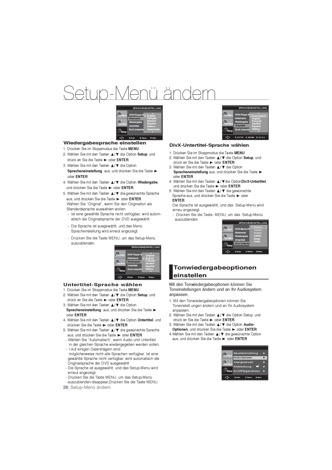 Samsung DVD-P191/EDC manual Tonwiedergabeoptionen einstellen, Wiedergabesprache einstellen, Untertitel-Sprache wählen 