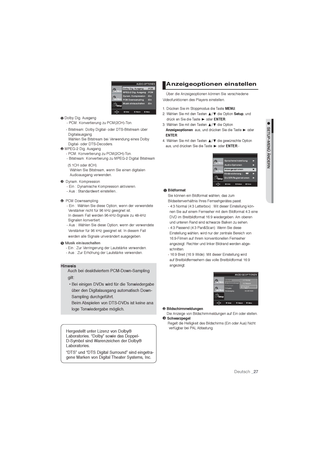 Samsung DVD-P191/XEL, DVD-P191/EDC Anzeigeoptionen einstellen, Auch bei deaktiviertem PCM-Down-Sampling Gilt, ❶ Bildformat 