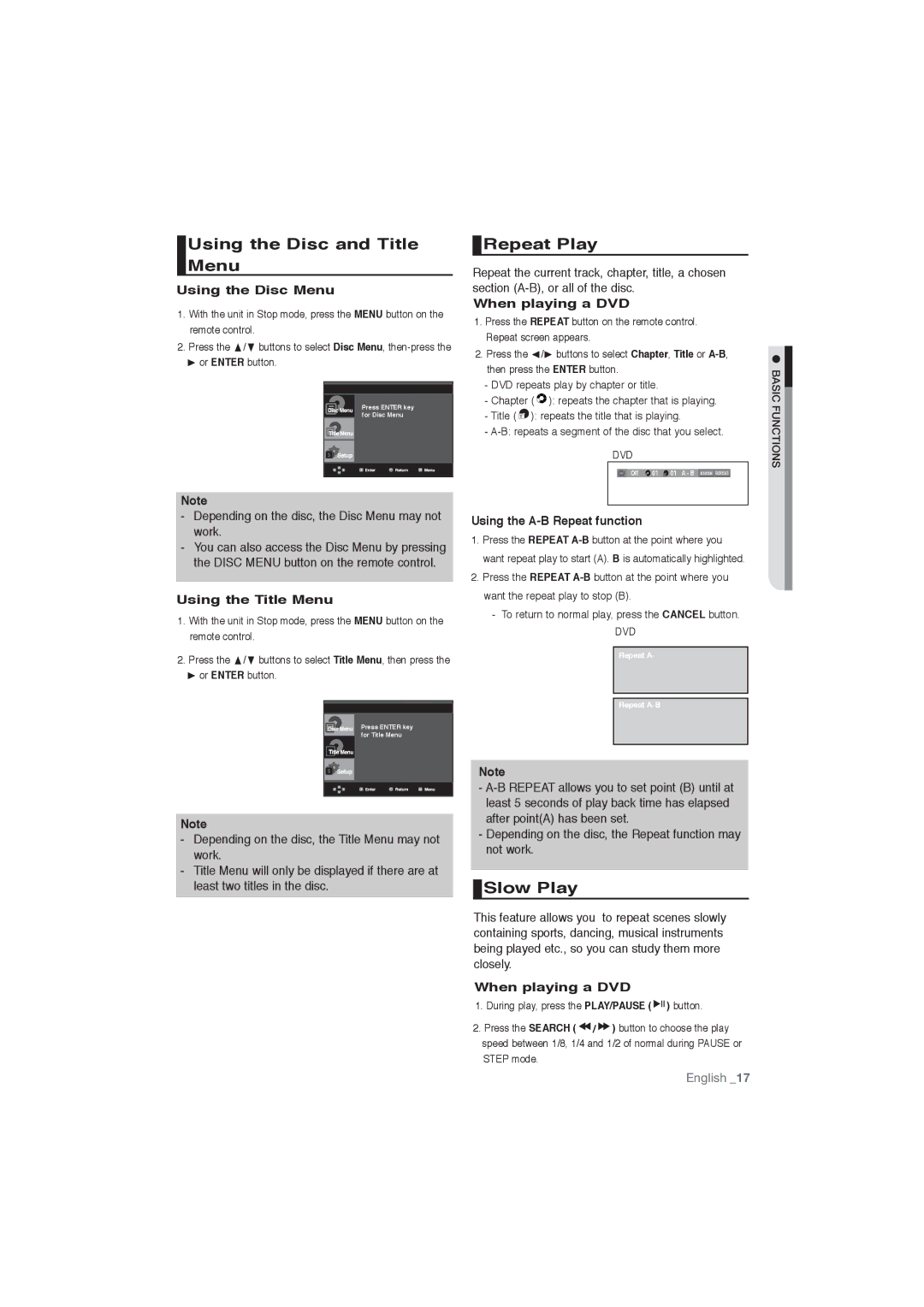 Samsung DVD-P191/XEL, DVD-P191/EDC manual Using the Disc and Title Menu, Repeat Play, Slow Play 