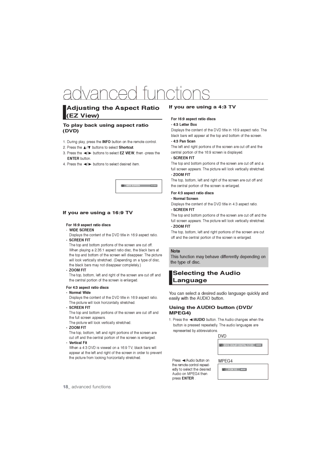 Samsung DVD-P191/EDC, DVD-P191/XEL Advanced functions, Adjusting the Aspect Ratio EZ View, Selecting the Audio Language 