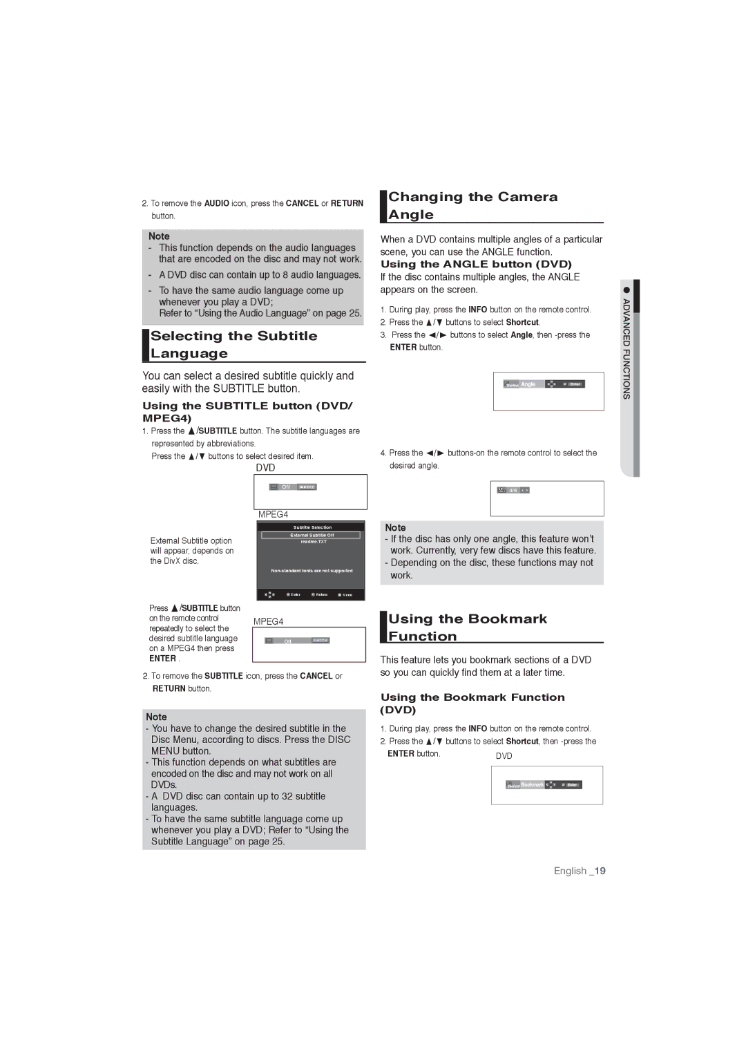 Samsung DVD-P191/XEL, DVD-P191/EDC Selecting the Subtitle Language, Changing the Camera Angle, Using the Bookmark Function 