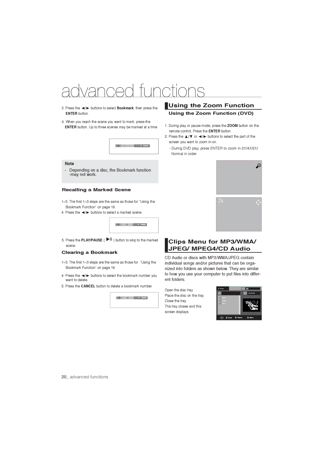 Samsung DVD-P191/EDC Clips Menu for MP3/WMA/ JPEG/ MPEG4/CD Audio, Using the Zoom Function DVD, Clearing a Bookmark 