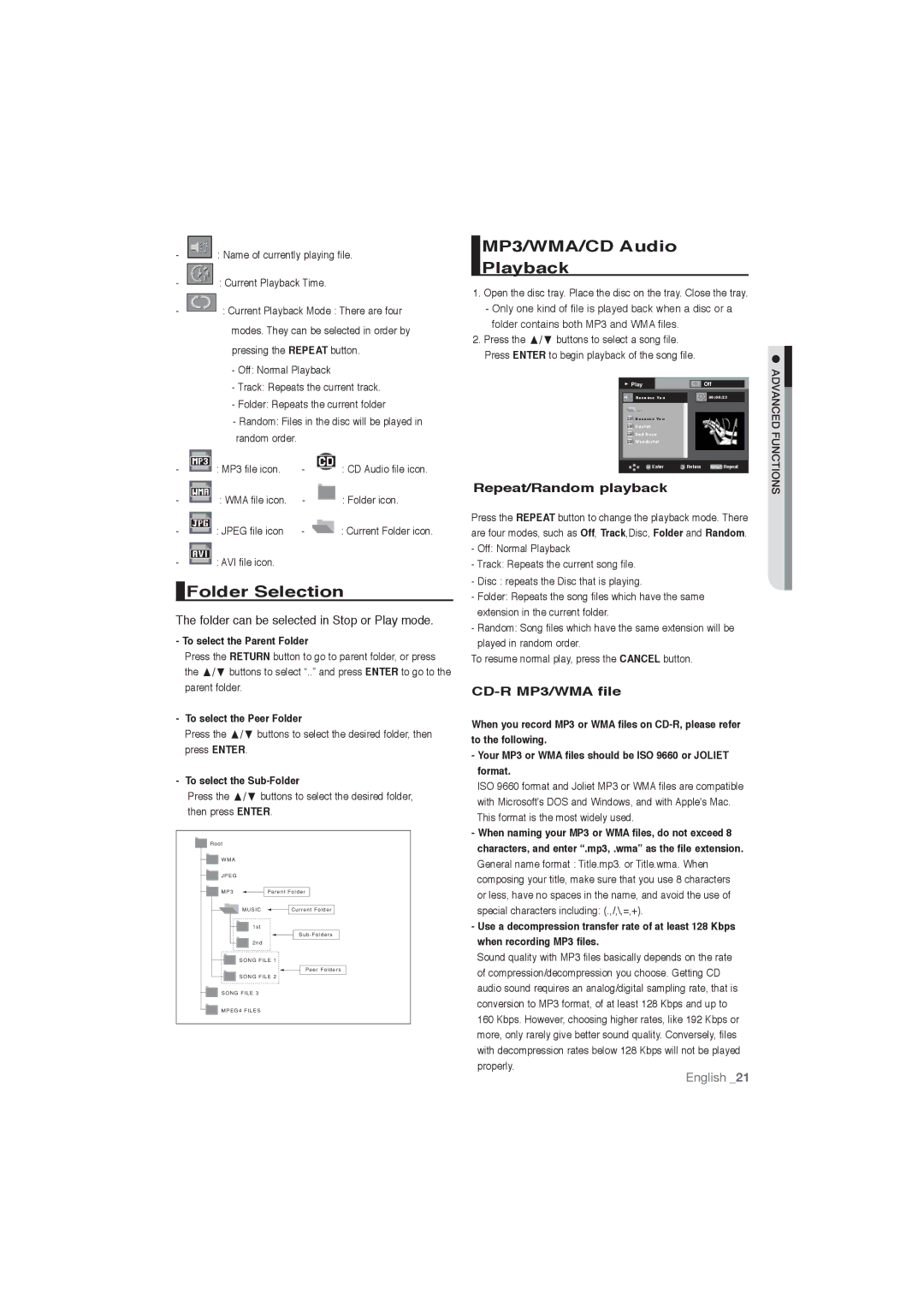 Samsung DVD-P191/XEL manual Folder Selection, MP3/WMA/CD Audio Playback, Folder can be selected in Stop or Play mode 