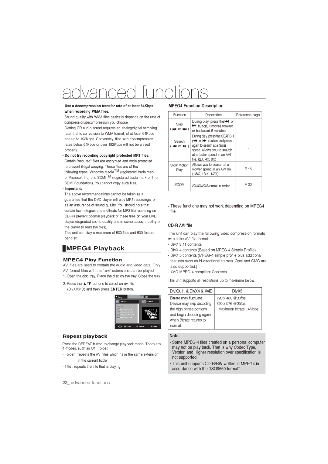 Samsung DVD-P191/EDC manual MPEG4 Playback, MPEG4 Play Function, Repeat playback, MPEG4 Function Description, CD-R AVI file 