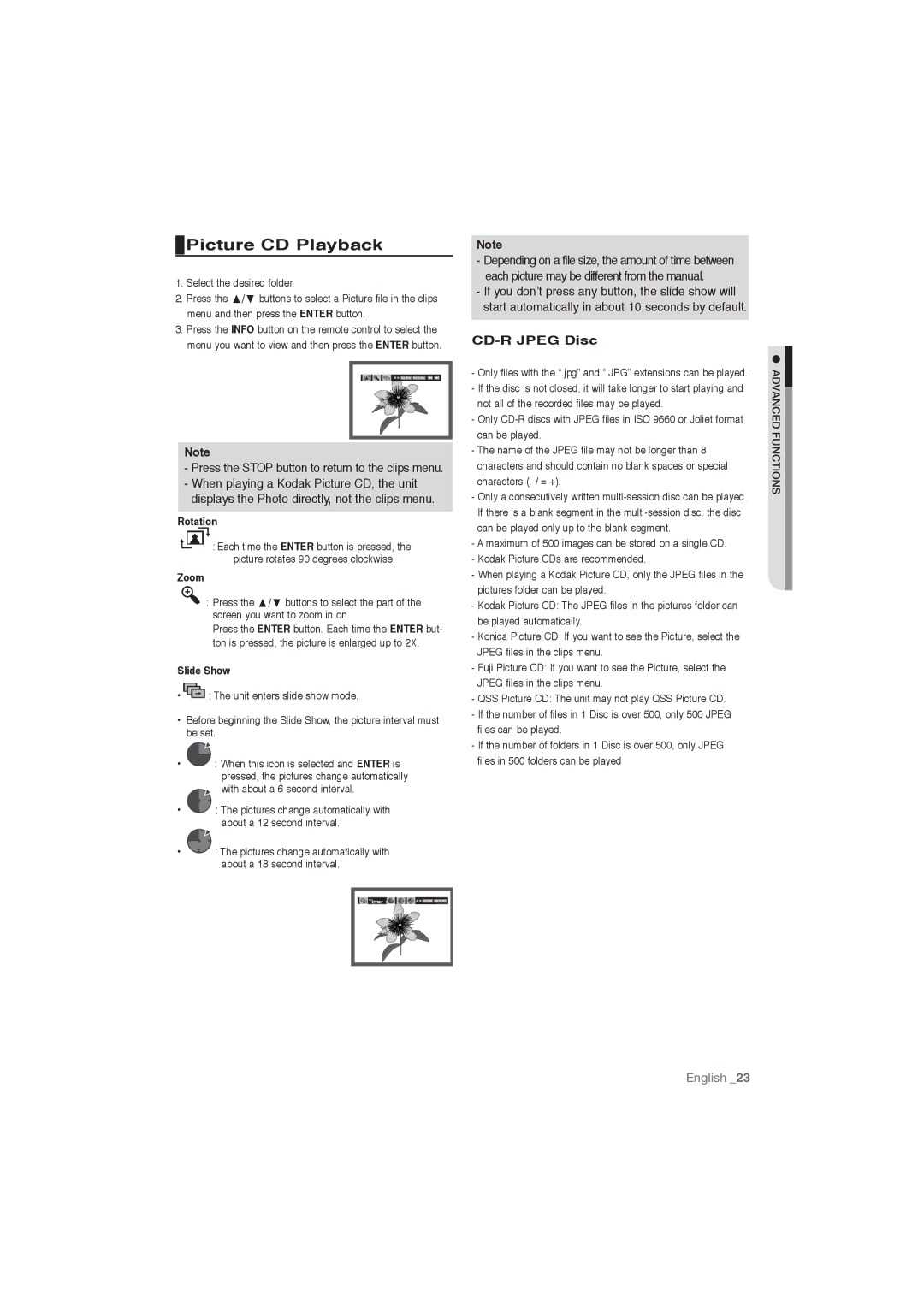 Samsung DVD-P191/XEL Picture CD Playback, Press the Stop button to return to the clips menu, CD-R Jpeg Disc, Rotation 