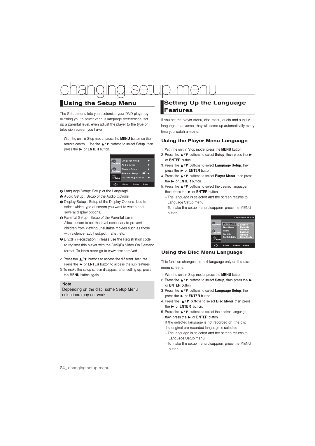 Samsung DVD-P191/EDC, DVD-P191/XEL manual Changing setup menu, Using the Setup Menu, Setting Up the Language Features 