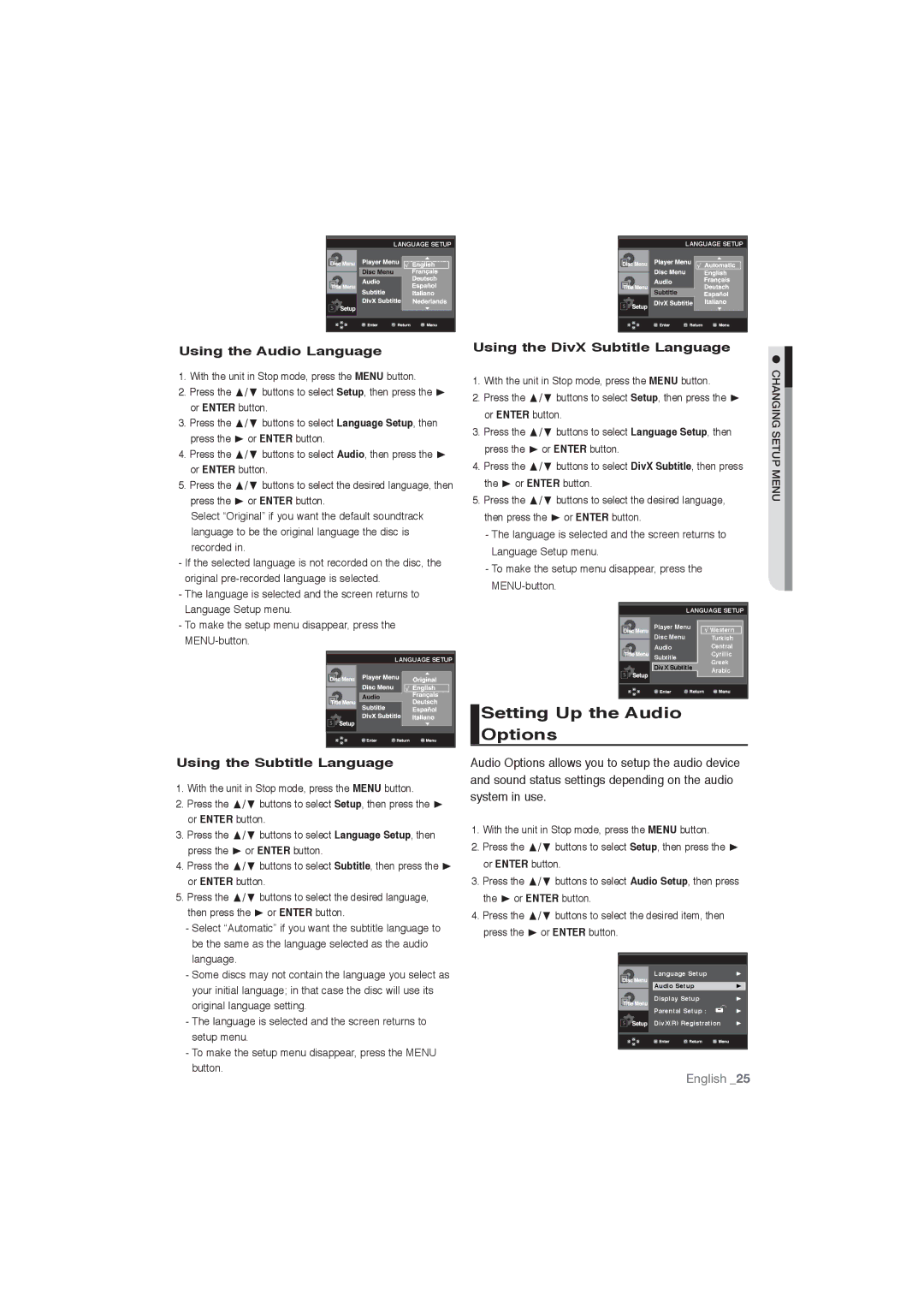 Samsung DVD-P191/XEL, DVD-P191/EDC Setting Up the Audio Options, Using the Audio Language, Using the Subtitle Language 