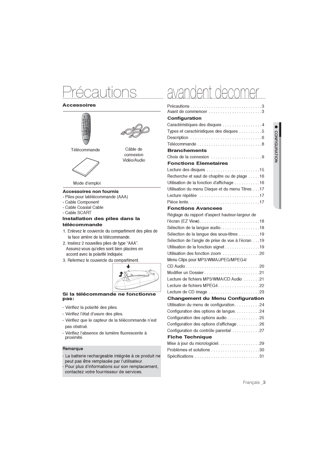 Samsung DVD-P191/XEL Accessoires non fournis, Installation des piles dans la télécommande, Remarque, Configuration 