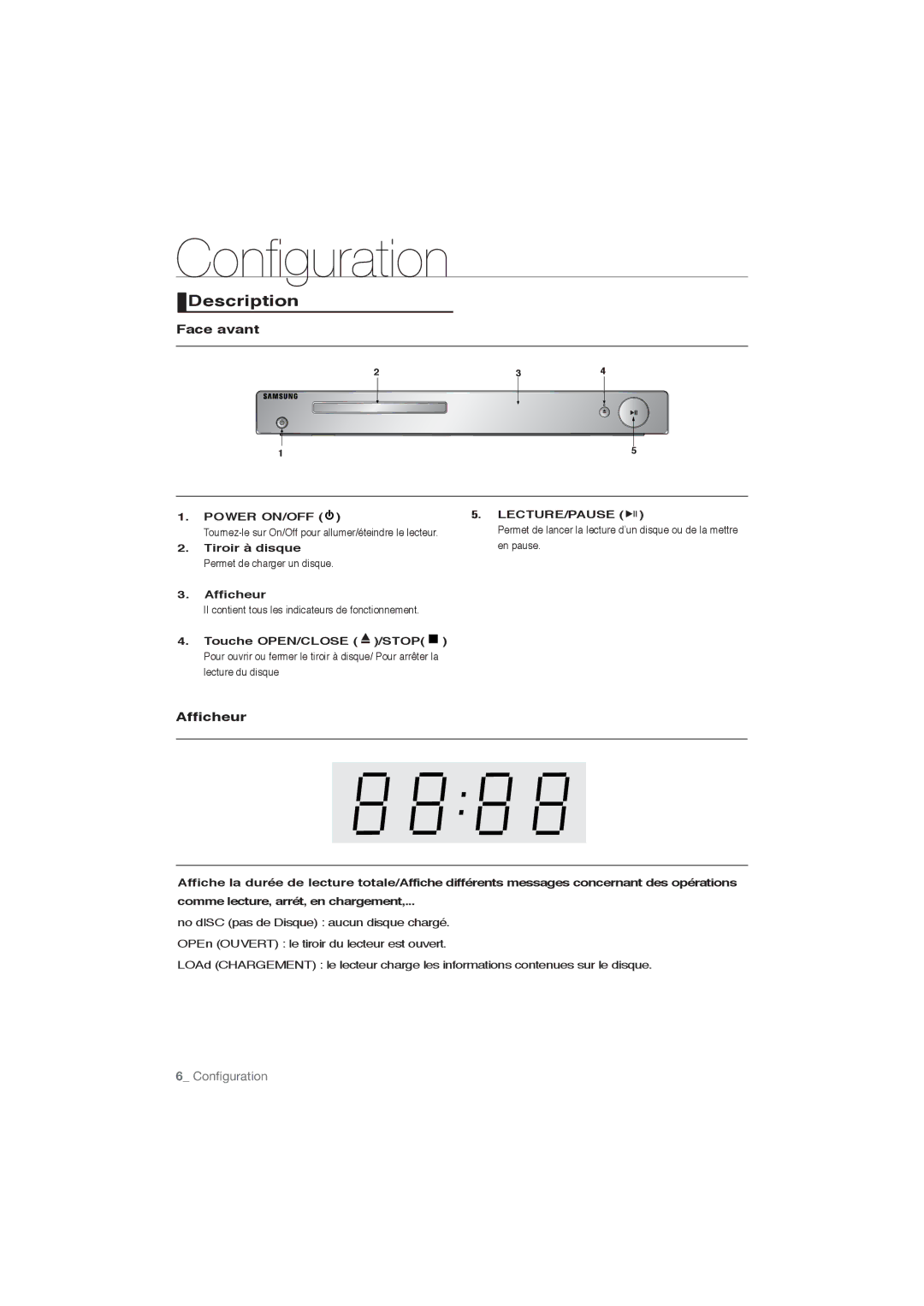 Samsung DVD-P191/EDC, DVD-P191/XEL manual Conﬁguration, Face avant, Afficheur, Power ON/OFF 