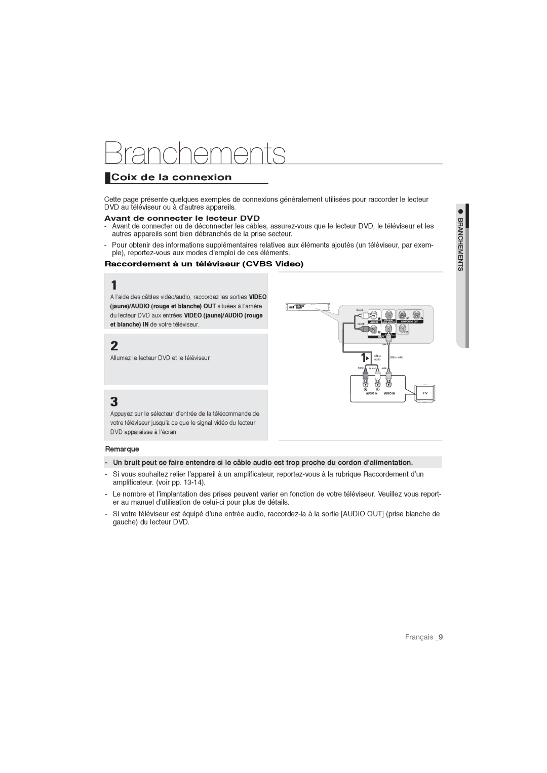 Samsung DVD-P191/XEL, DVD-P191/EDC manual Branchements, Coix de la connexion, Avant de connecter le lecteur DVD 