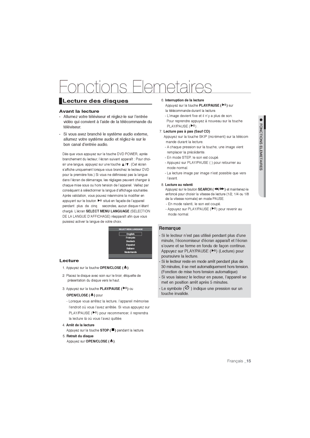 Samsung DVD-P191/XEL, DVD-P191/EDC manual Fonctions Elemetaires, Lecture des disques, Remarque, Avant la lecture 