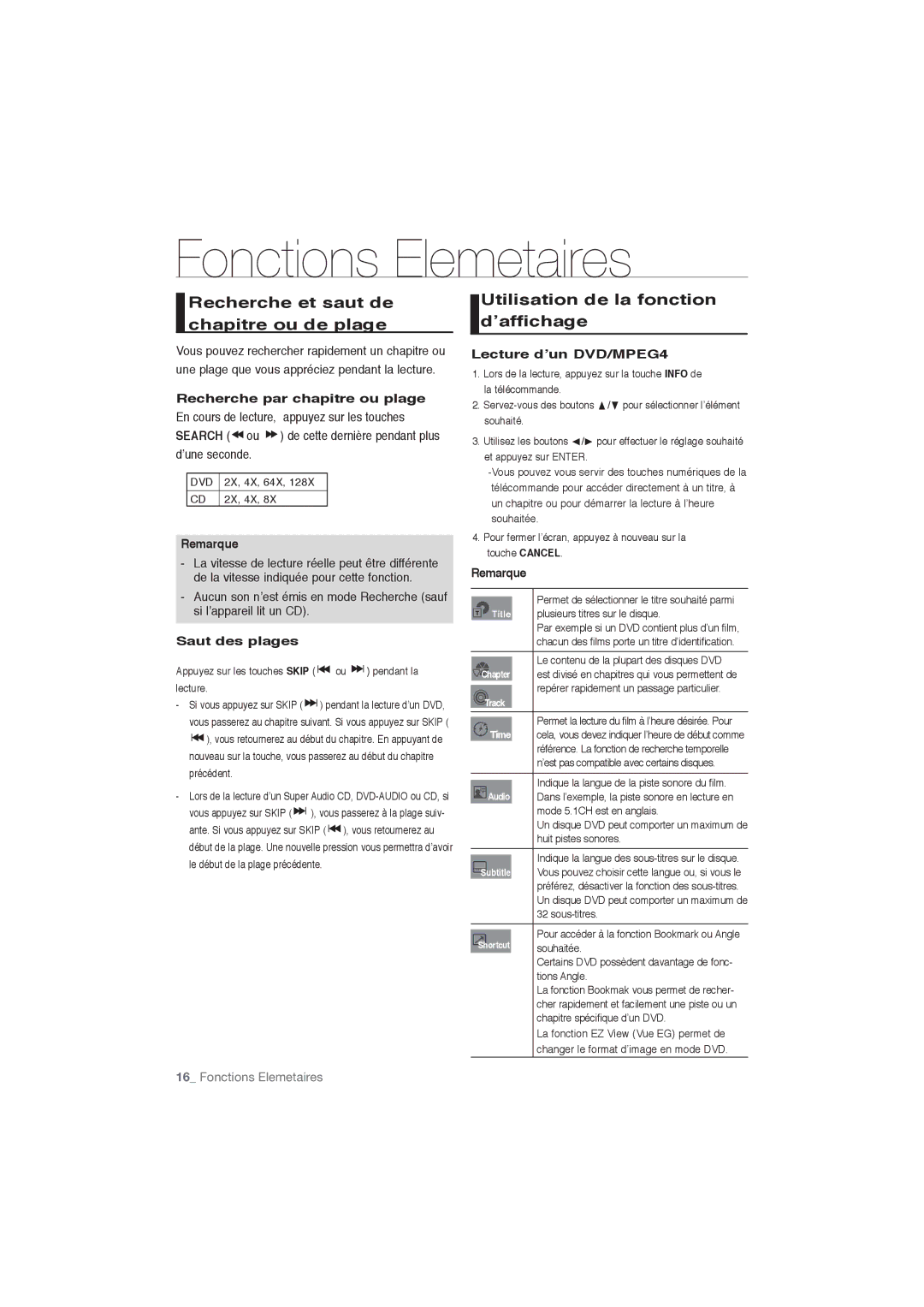 Samsung DVD-P191/EDC Recherche et saut de chapitre ou de plage, Utilisation de la fonction d’affichage, Saut des plages 