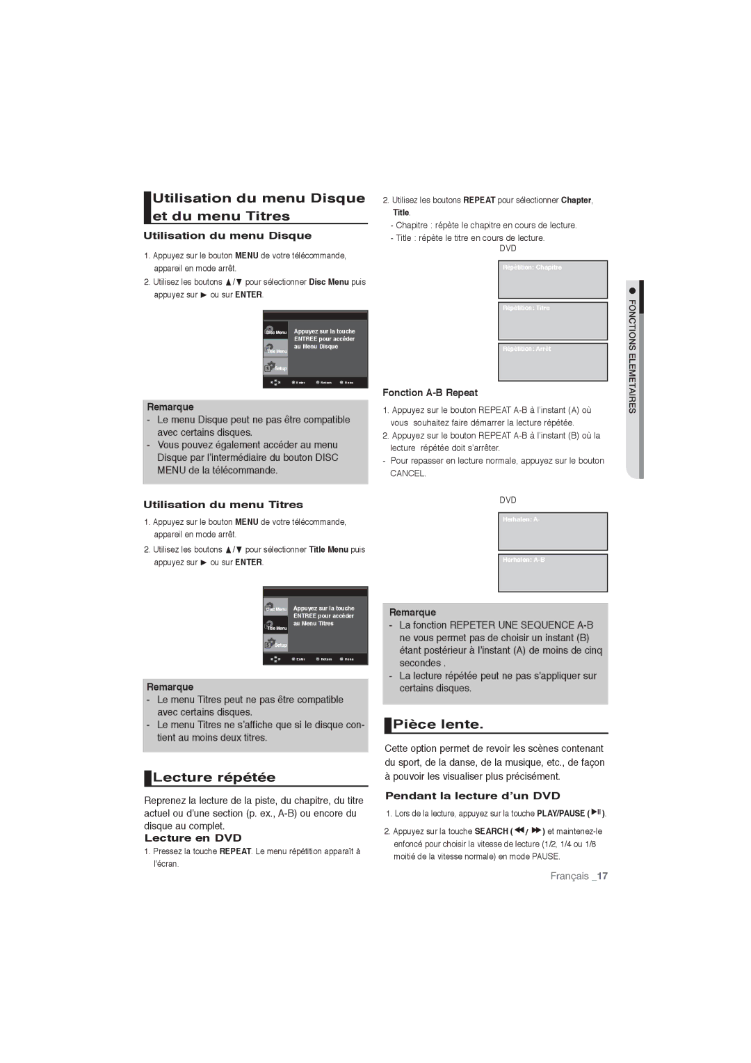 Samsung DVD-P191/XEL, DVD-P191/EDC manual Utilisation du menu Disque et du menu Titres, Lecture répétée, Pièce lente 