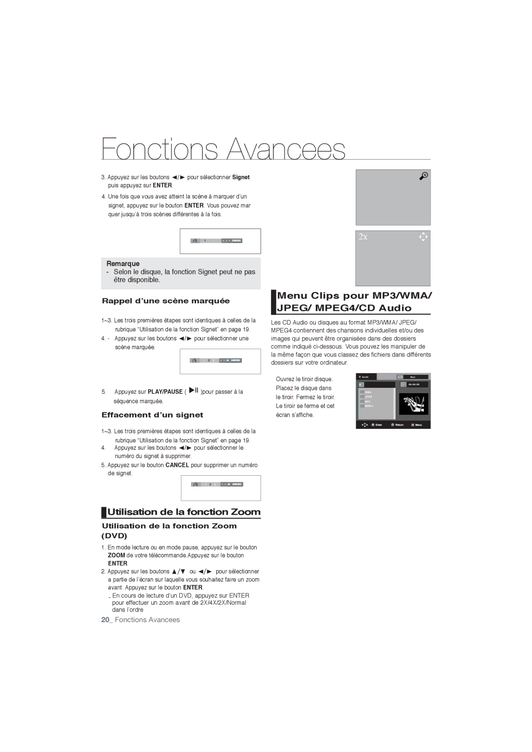 Samsung DVD-P191/EDC, DVD-P191/XEL manual Menu Clips pour MP3/WMA/ JPEG/ MPEG4/CD Audio, Utilisation de la fonction Zoom 