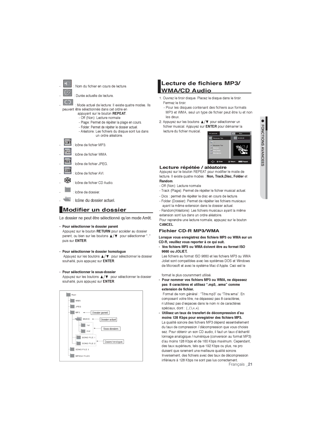 Samsung DVD-P191/XEL, DVD-P191/EDC Modifier un dossier, Lecture de fichiers MP3/ WMA/CD Audio, Icône du dossier actuel 