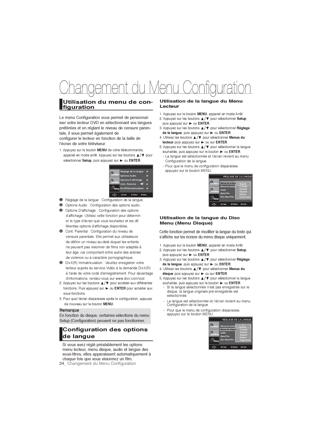 Samsung DVD-P191/EDC, DVD-P191/XEL manual Utilisation du menu de con- figuration, Configuration des options, De langue 