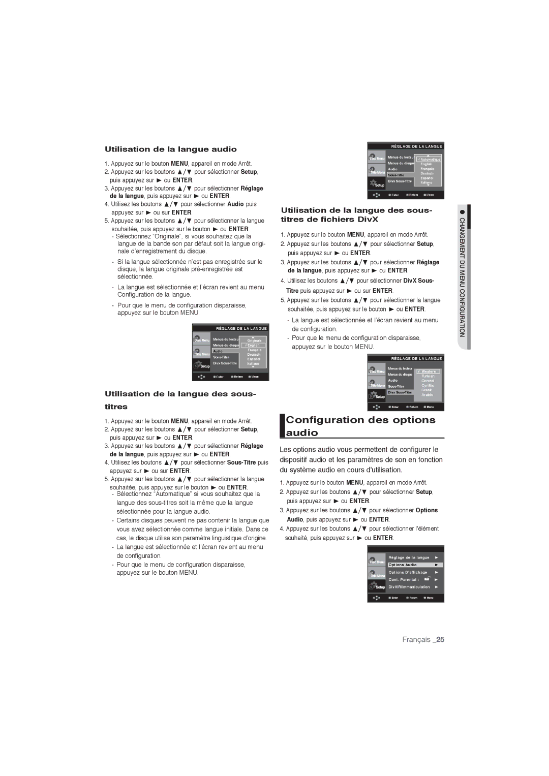 Samsung DVD-P191/XEL, DVD-P191/EDC manual Configuration des options audio, Utilisation de la langue audio 