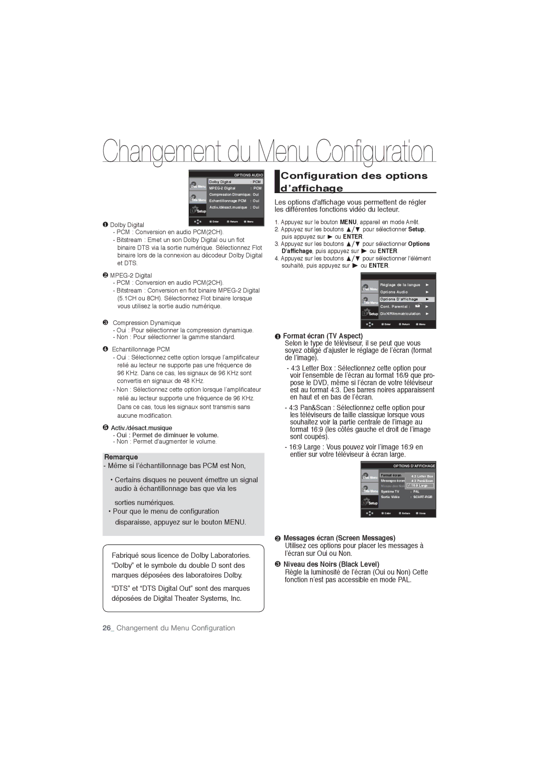 Samsung DVD-P191/EDC Configuration des options d’affichage, ❶ Format écran TV Aspect, ❷ Messages écran Screen Messages 