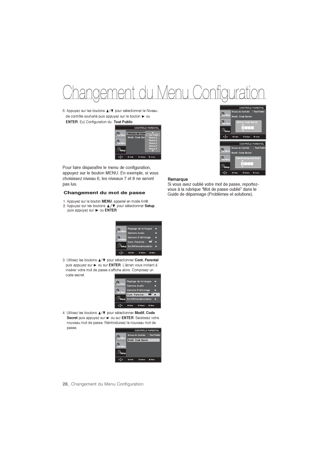 Samsung DVD-P191/EDC, DVD-P191/XEL manual Changement du mot de passe 