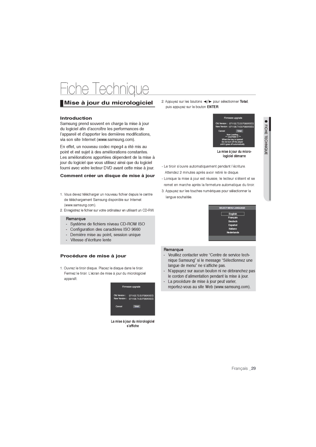 Samsung DVD-P191/XEL manual Mise à jour du micrologiciel, Comment créer un disque de mise à jour, Procédure de mise à jour 