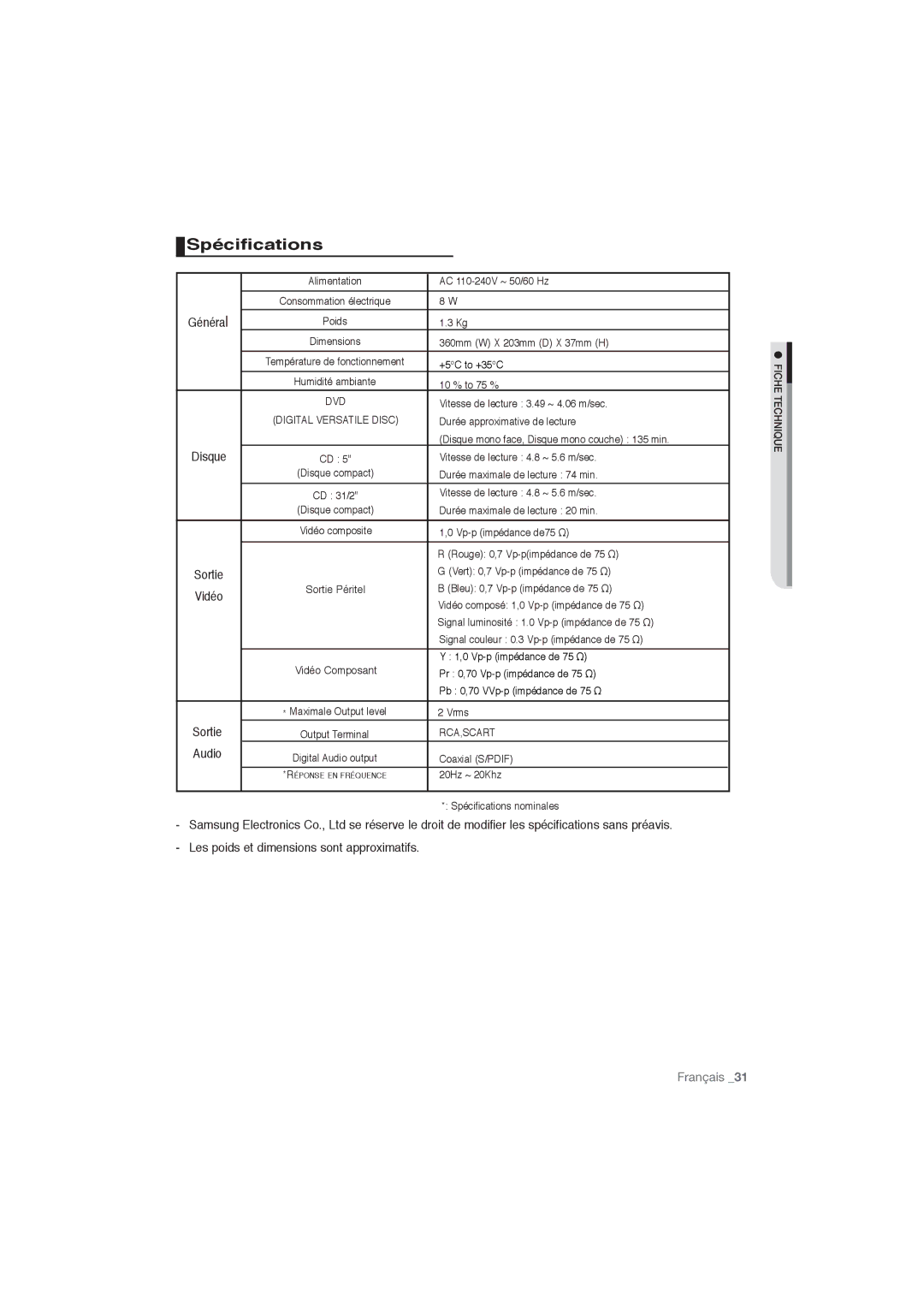 Samsung DVD-P191/XEL, DVD-P191/EDC manual Spécifications, Disque, Sortie, Audio, Les poids et dimensions sont approximatifs 