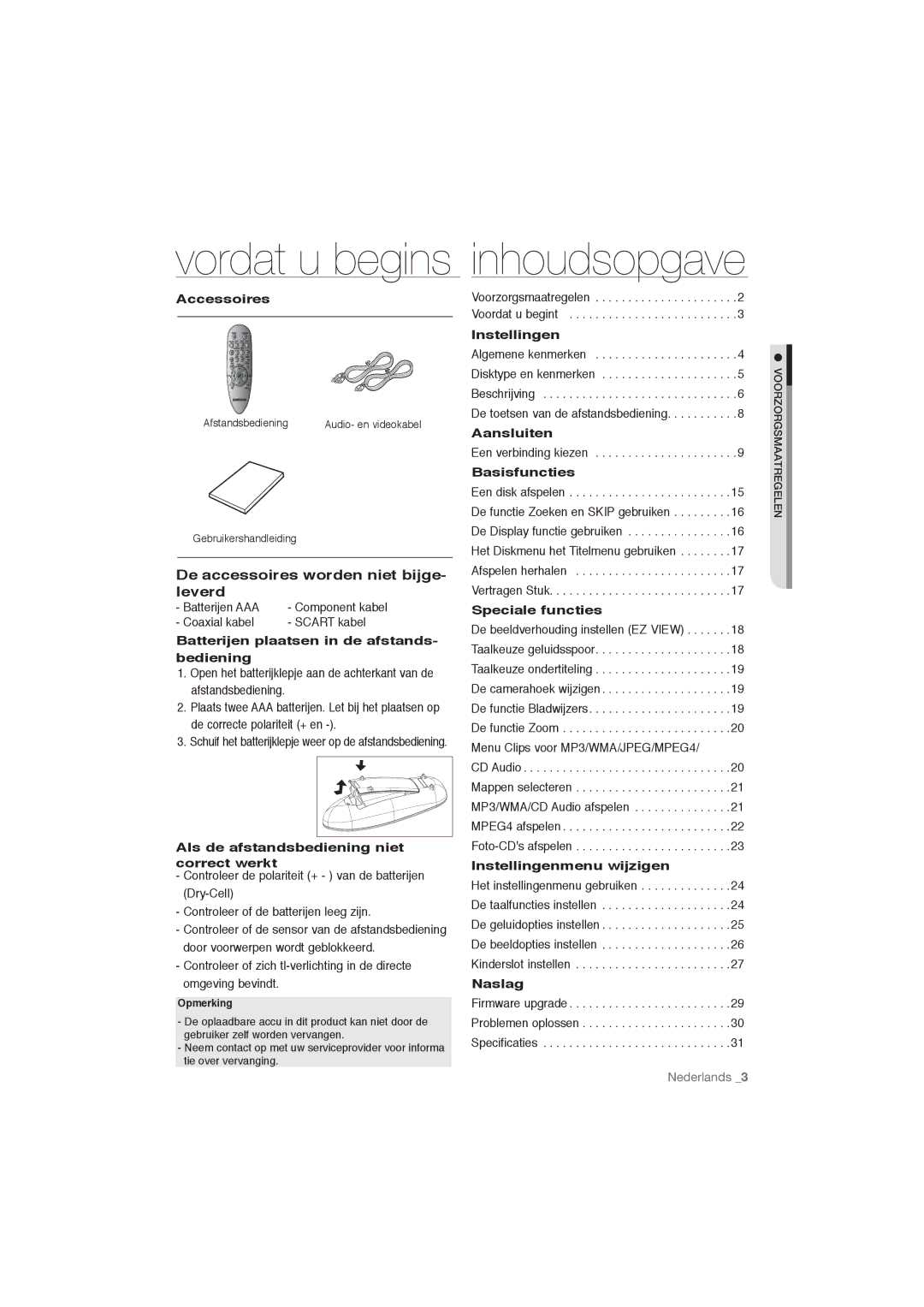 Samsung DVD-P191/XEL, DVD-P191/EDC manual De accessoires worden niet bijge- leverd 