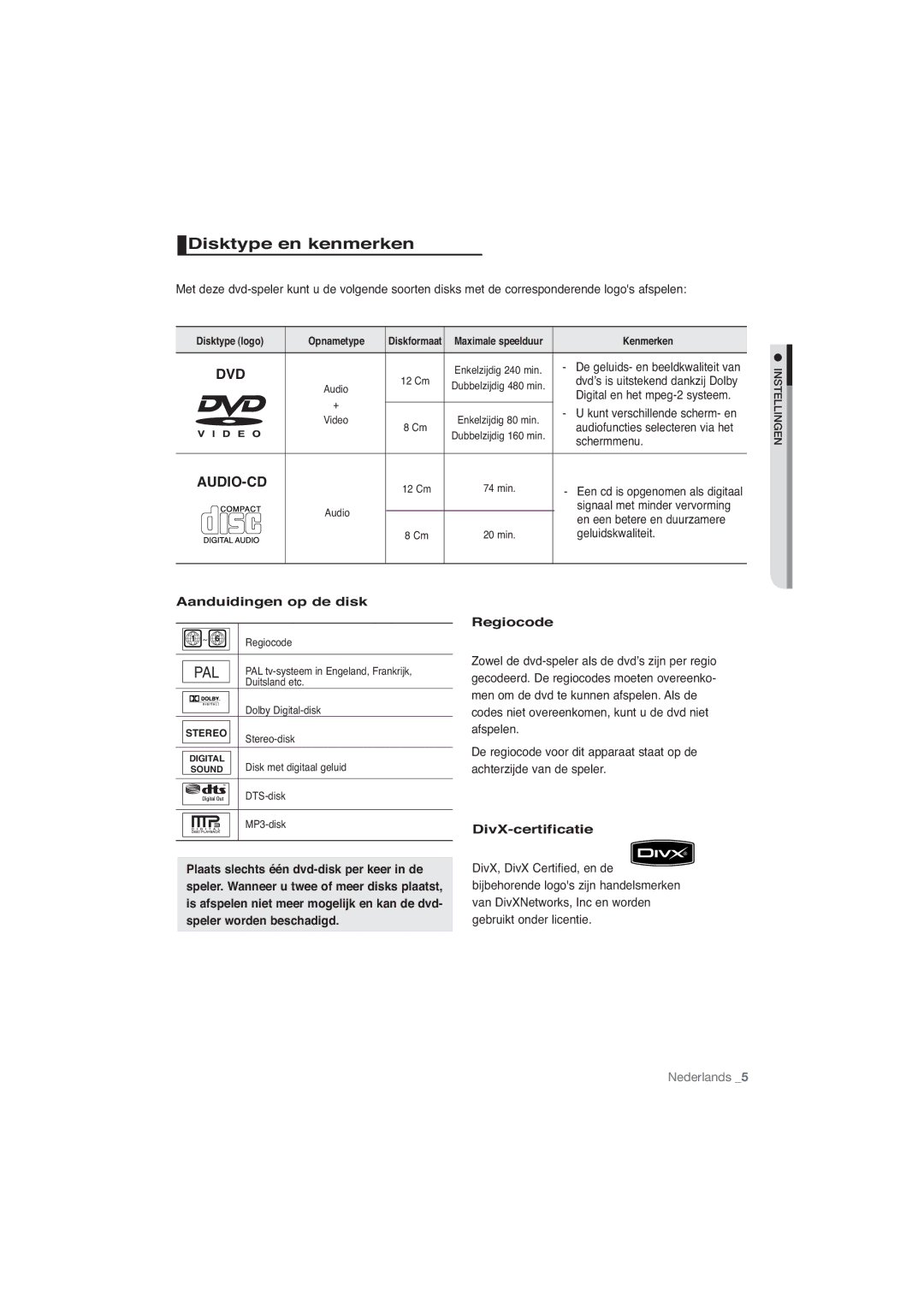 Samsung DVD-P191/XEL, DVD-P191/EDC manual Disktype en kenmerken 