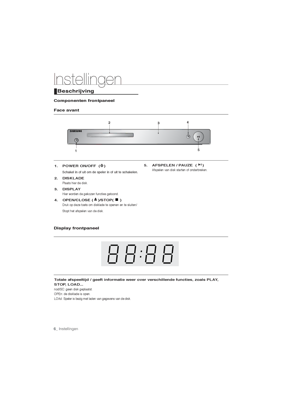 Samsung DVD-P191/EDC Beschrijving, Componenten frontpaneel Face avant, Display frontpaneel, Power ON/OFF Afspelen / Pauze 