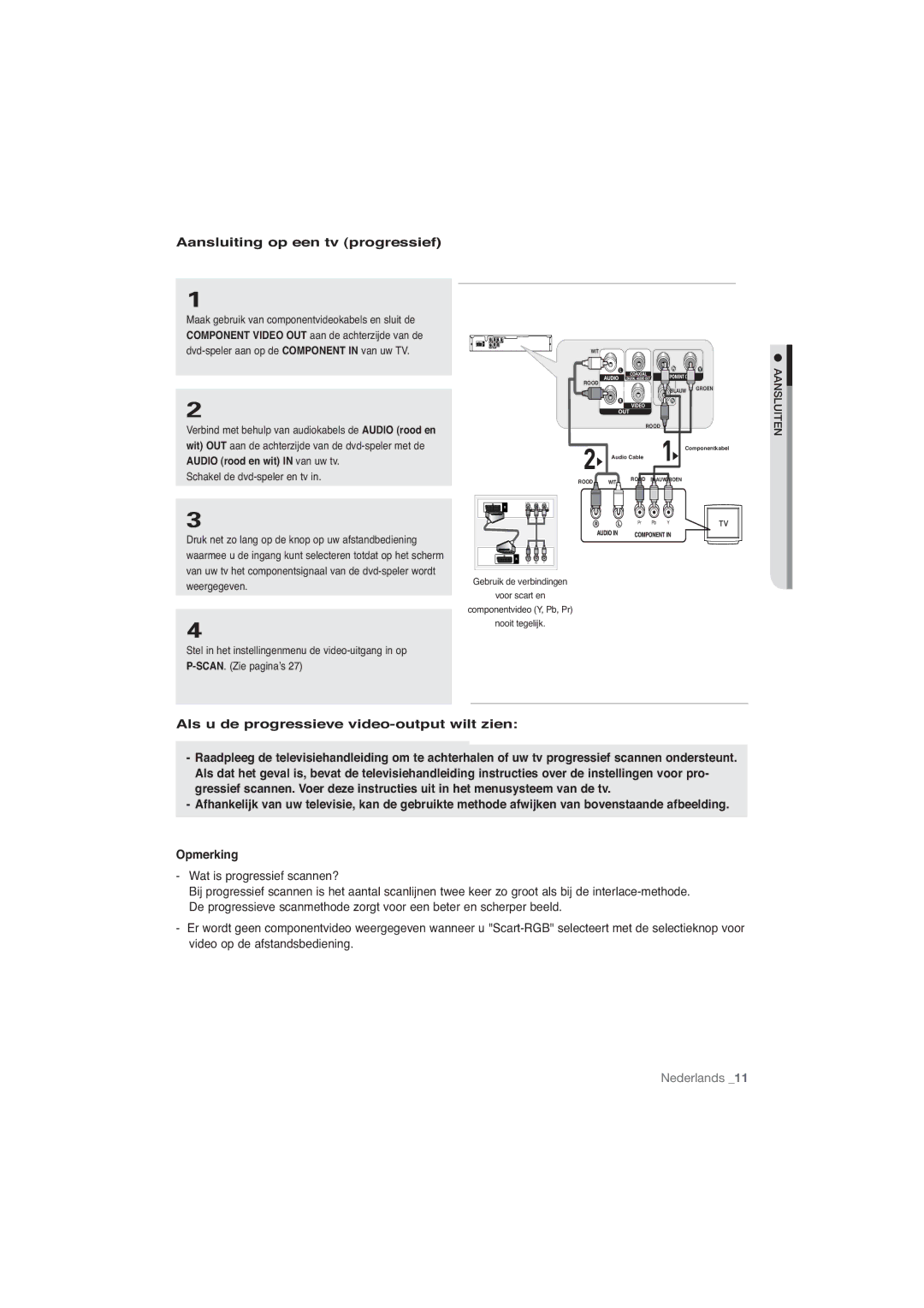 Samsung DVD-P191/XEL, DVD-P191/EDC manual Aansluiting op een tv progressief, Als u de progressieve video-output wilt zien 