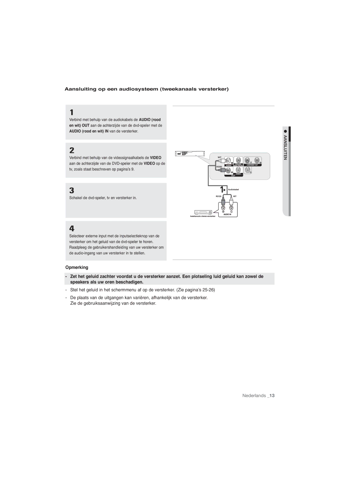 Samsung DVD-P191/XEL manual Aansluiting op een audiosysteem tweekanaals versterker, Schakel de dvd-speler, tv en versterker 