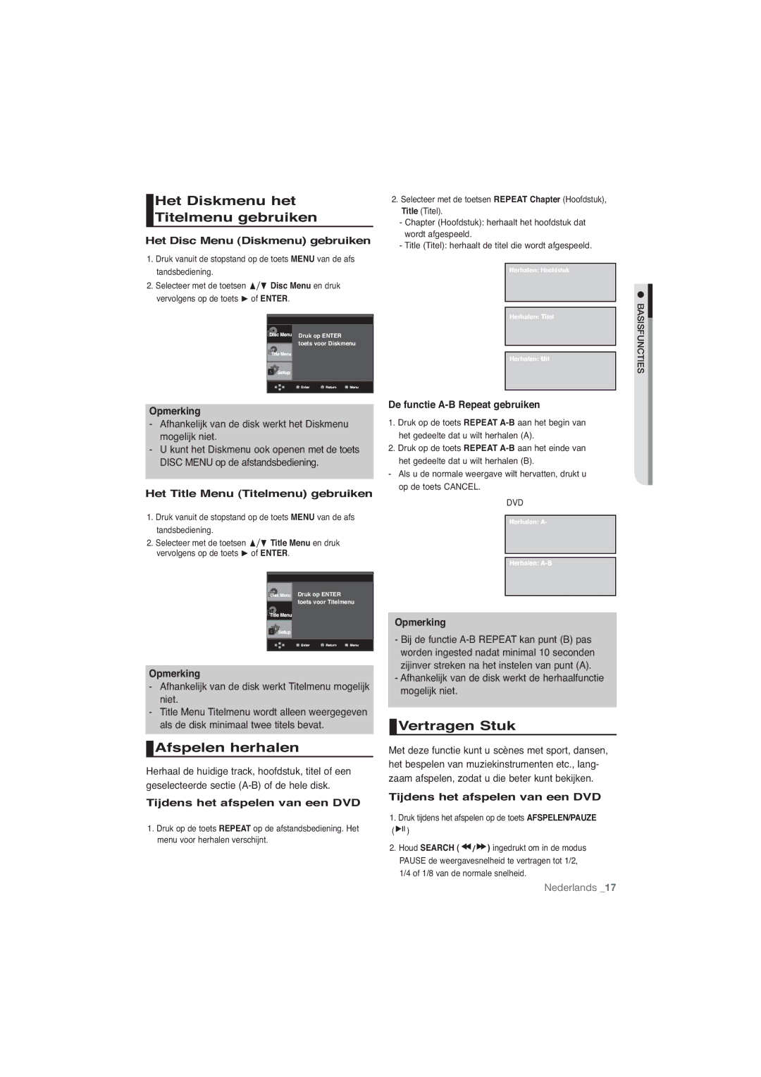 Samsung DVD-P191/XEL, DVD-P191/EDC manual Het Diskmenu het Titelmenu gebruiken, Afspelen herhalen, Vertragen Stuk 