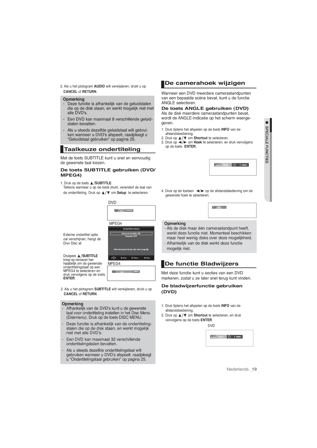 Samsung DVD-P191/XEL, DVD-P191/EDC manual Taalkeuze ondertiteling, De camerahoek wijzigen, De functie Bladwijzers 