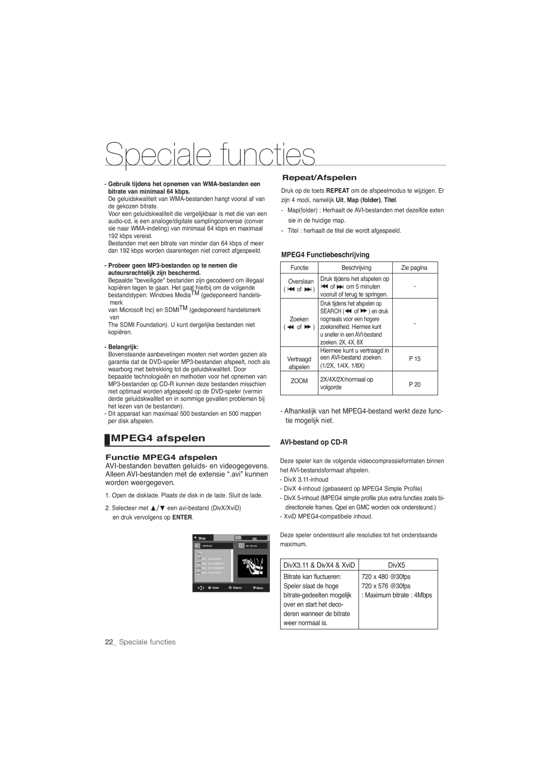 Samsung DVD-P191/EDC manual MPEG4 afspelen, Repeat/Afspelen, MPEG4 Functiebeschrijving, AVI-bestand op CD-R, Belangrijk 