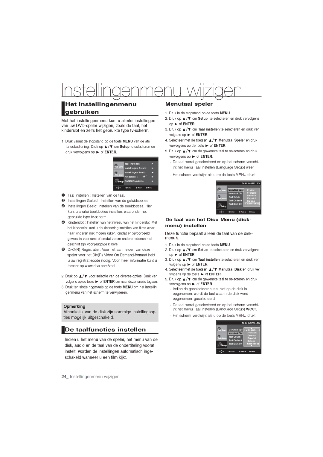 Samsung DVD-P191/EDC Instellingenmenu wijzigen, Het instellingenmenu gebruiken, De taalfuncties instellen, Menutaal speler 