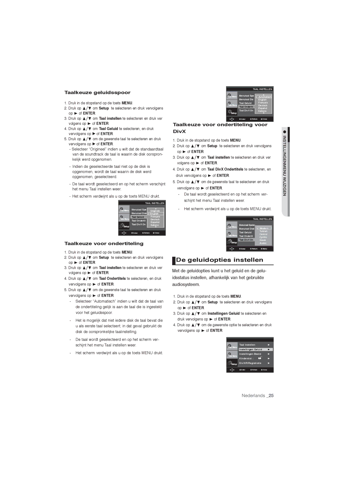 Samsung DVD-P191/XEL, DVD-P191/EDC manual De geluidopties instellen, Taalkeuze geluidsspoor, Taalkeuze voor ondertiteling 