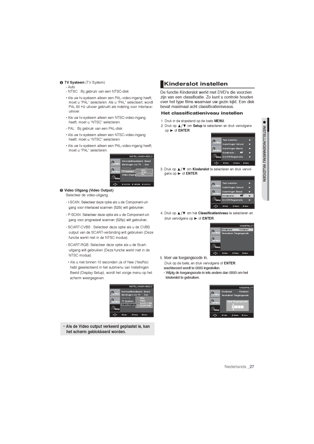 Samsung DVD-P191/XEL Kinderslot instellen, Het classificatieniveau instellen, Voer uw toegangscode, ❹ TV Systeem TV System 