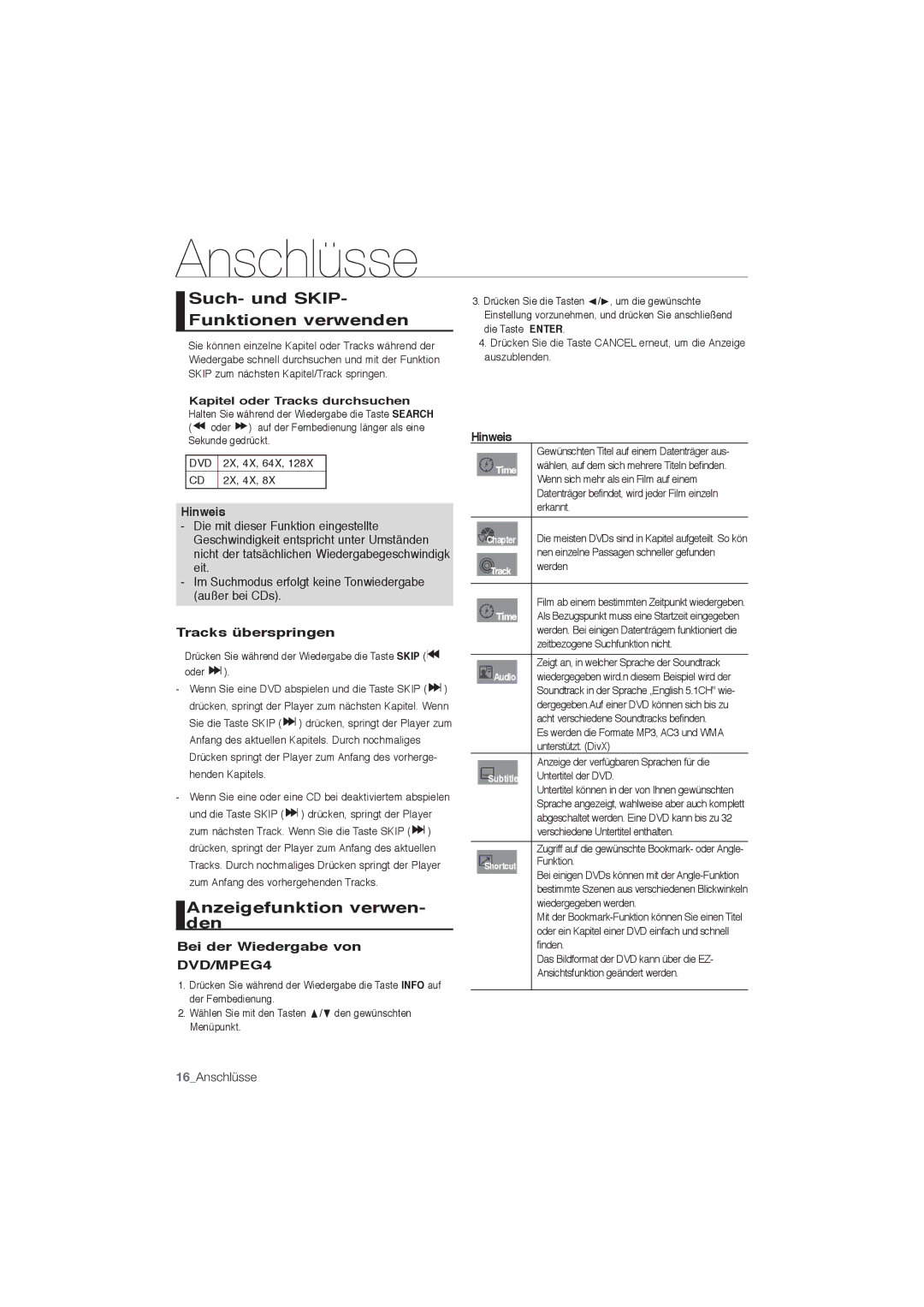 Samsung DVD-P191/XER, DVD-P191/EDC Such- und SKIP- Funktionen verwenden, Anzeigefunktion verwen- den, Tracks überspringen 