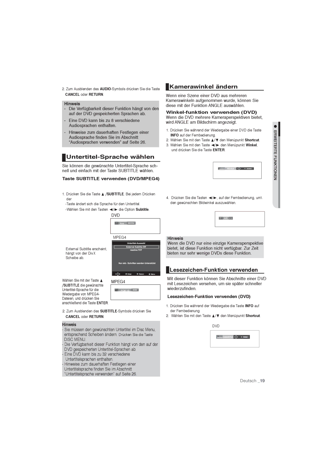 Samsung DVD-P191/XEO, DVD-P191/EDC manual Untertitel-Sprache wählen, Kamerawinkel ändern, Lesezeichen-Funktion verwenden 