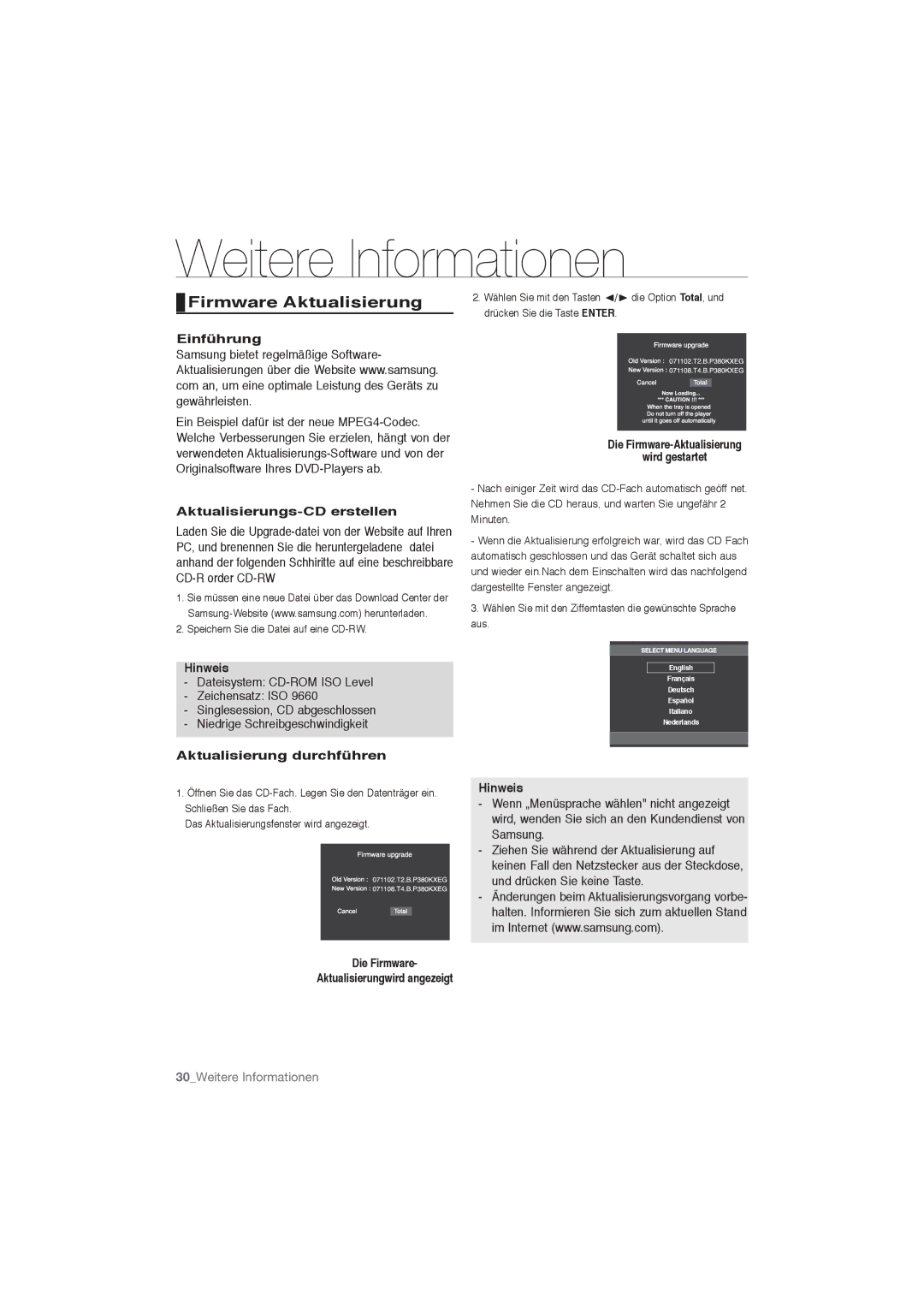 Samsung DVD-P191/MEA manual Firmware Aktualisierung, Aktualisierungs-CD erstellen, Aktualisierung durchführen, Die Firmware 