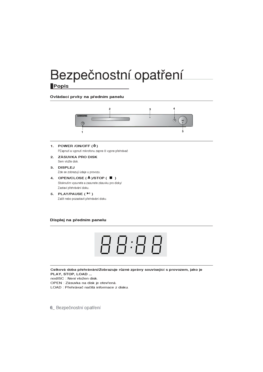 Samsung DVD-P191/XEE, DVD-P191/EDC manual Popis, Ovládací prvky na pﬁedním panelu, Displej na pﬁedním panelu, Power /ON/OFF 