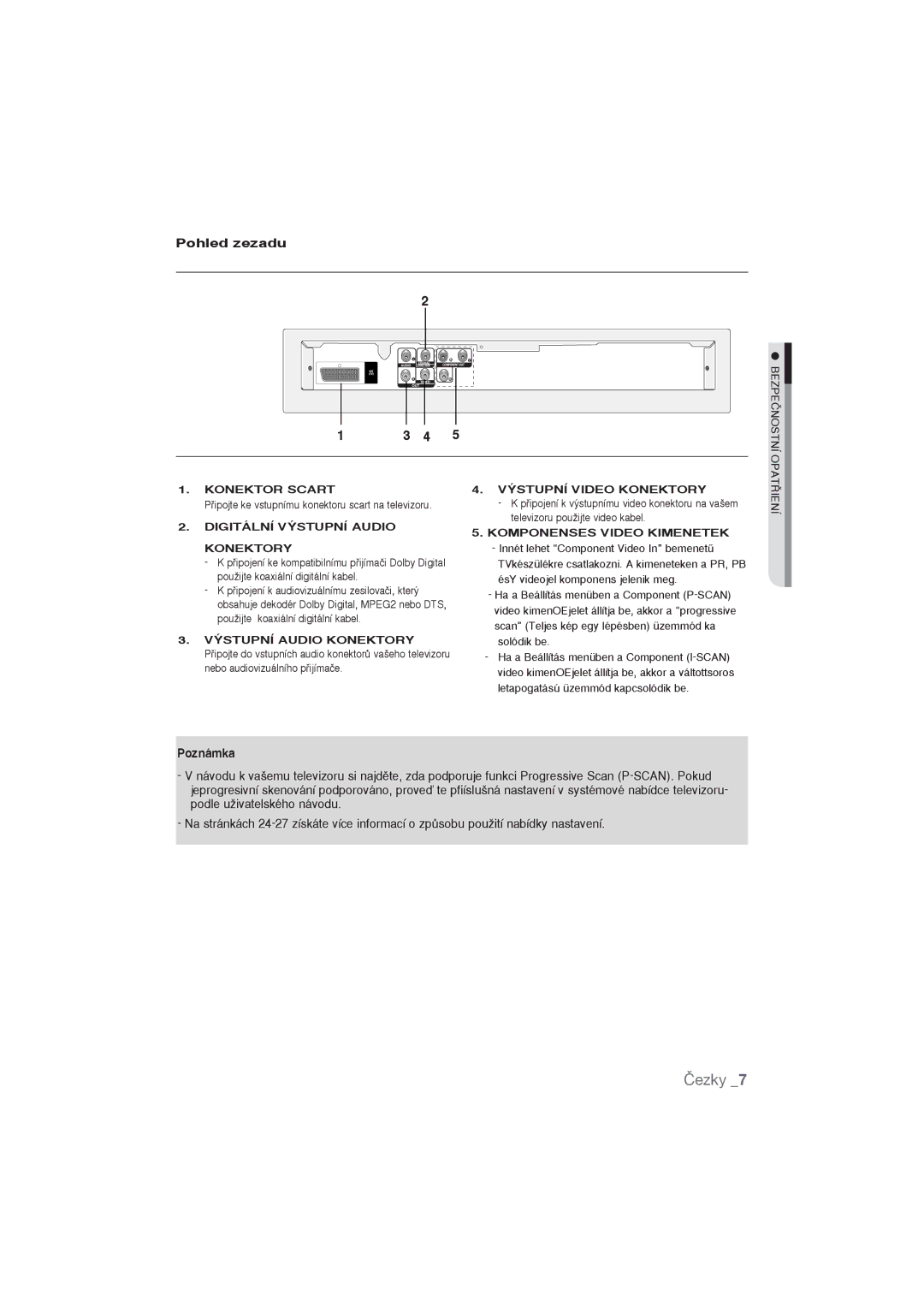 Samsung DVD-P191/XEO, DVD-P191/EDC manual Pohled zezadu, BEZPEâNOSTNÍ, Pﬁipojte ke vstupnímu konektoru scart na televizoru 