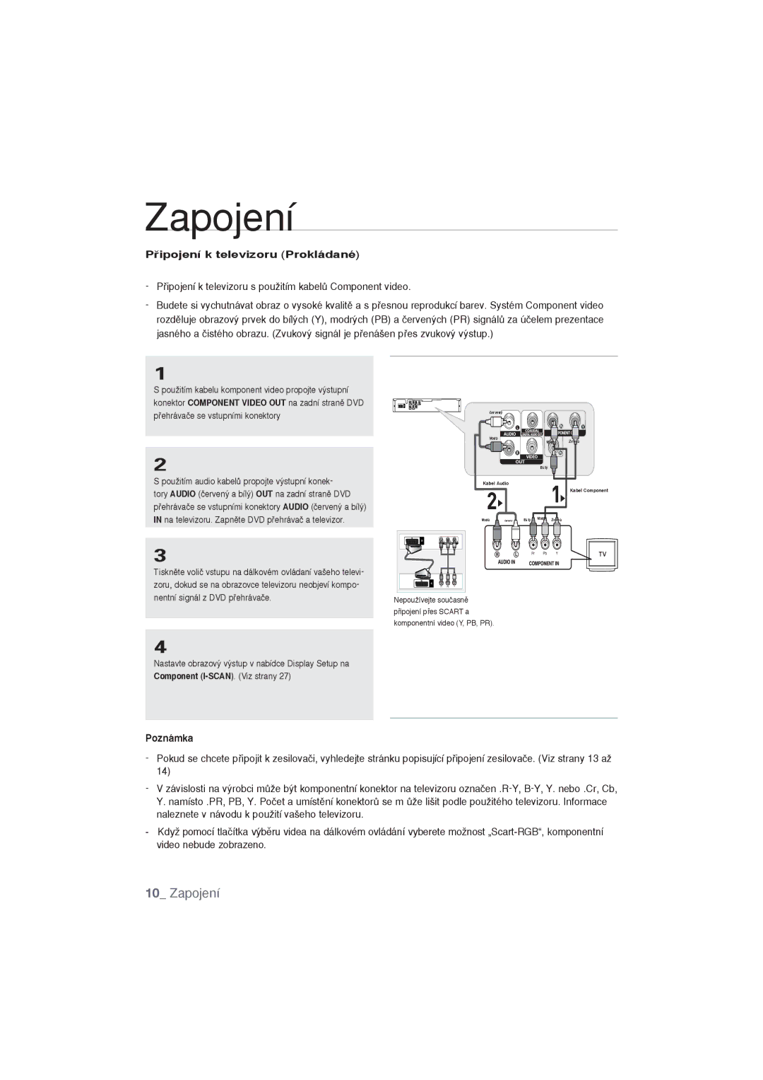 Samsung DVD-P191/EDC Zapojení, Pﬁipojení k televizoru Prokládané, Nastavte obrazov˘ v˘stup v nabídce Display Setup na 