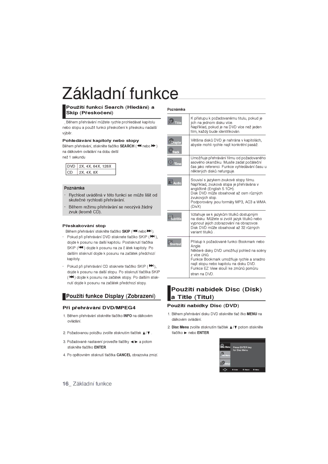 Samsung DVD-P191/XEC manual PouÏití funkce Display Zobrazení, PouÏití nabídek Disc Disk a Title Titul, 16 Základní funkce 